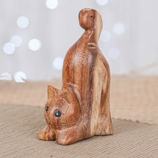 Alternate image for Hand-Carved Raintree Wood Stretching Cat Figurine Feline Relaxation