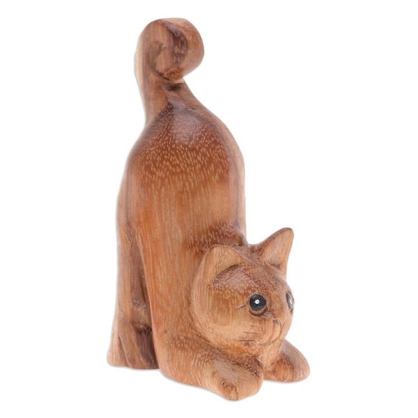 Alternate image for Hand-Carved Raintree Wood Stretching Cat Figurine Feline Relaxation