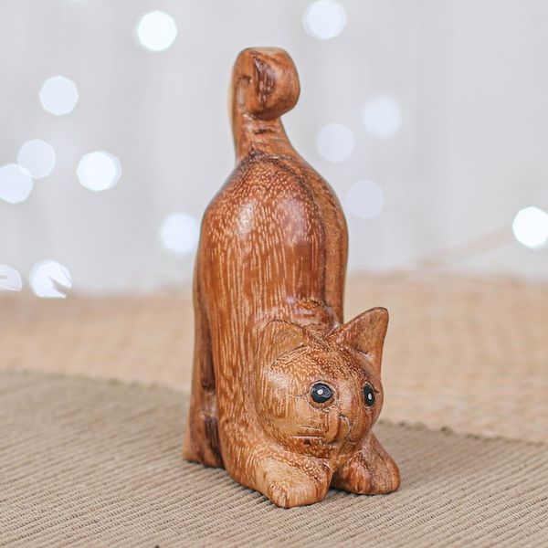 Alternate image for Hand-Carved Raintree Wood Stretching Cat Figurine Feline Relaxation