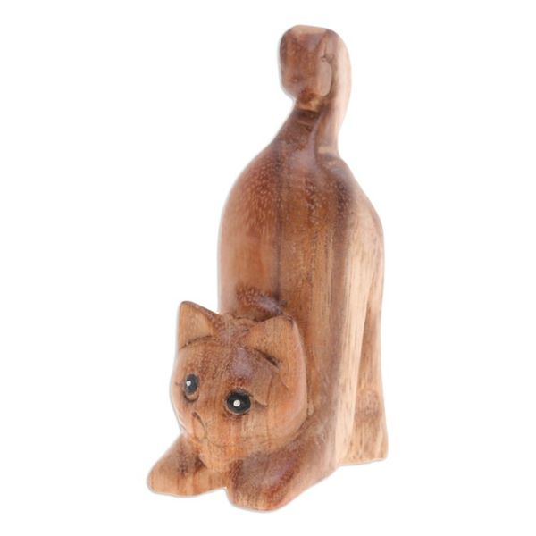 Alternate image for Hand-Carved Raintree Wood Stretching Cat Figurine Feline Relaxation