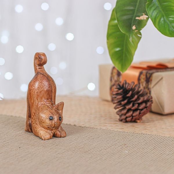 Alternate image for Hand-Carved Raintree Wood Stretching Cat Figurine Feline Relaxation
