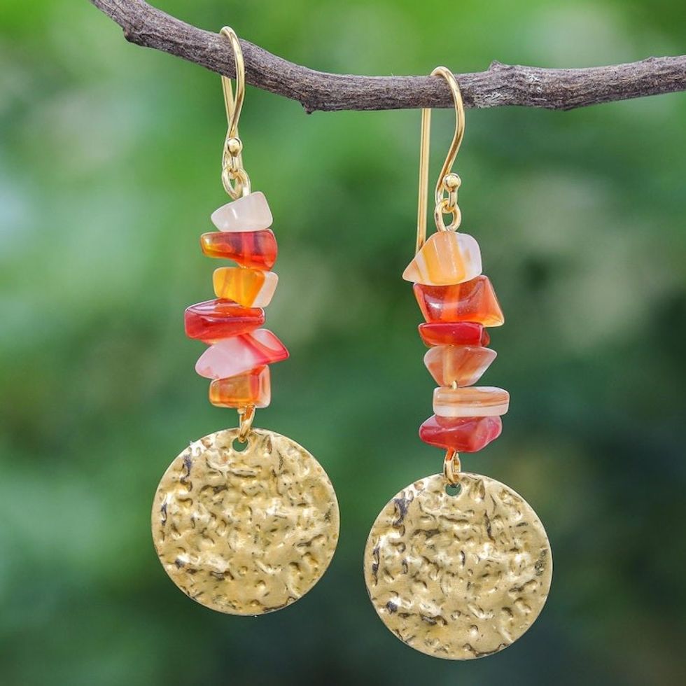 Natural Carnelian Chip and Brass Coin Dangle Earrings 'Golden Coin in Orange'