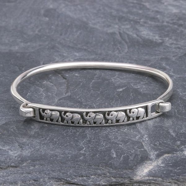 Alternate image for Thai Elephant Sterling Silver Bangle Bracelet Pachyderm Parade