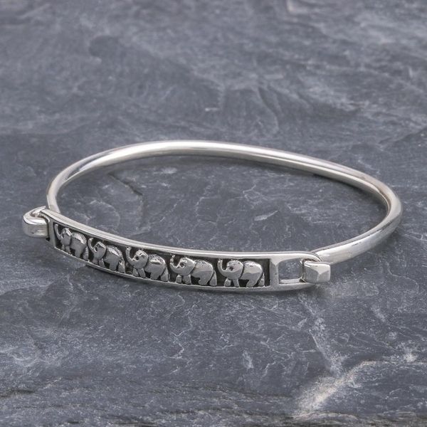 Alternate image for Thai Elephant Sterling Silver Bangle Bracelet Pachyderm Parade
