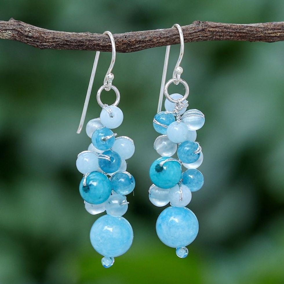 Blue Quartz and Glass Bead Dangle Earrings 'Bubble Tea in Blue'