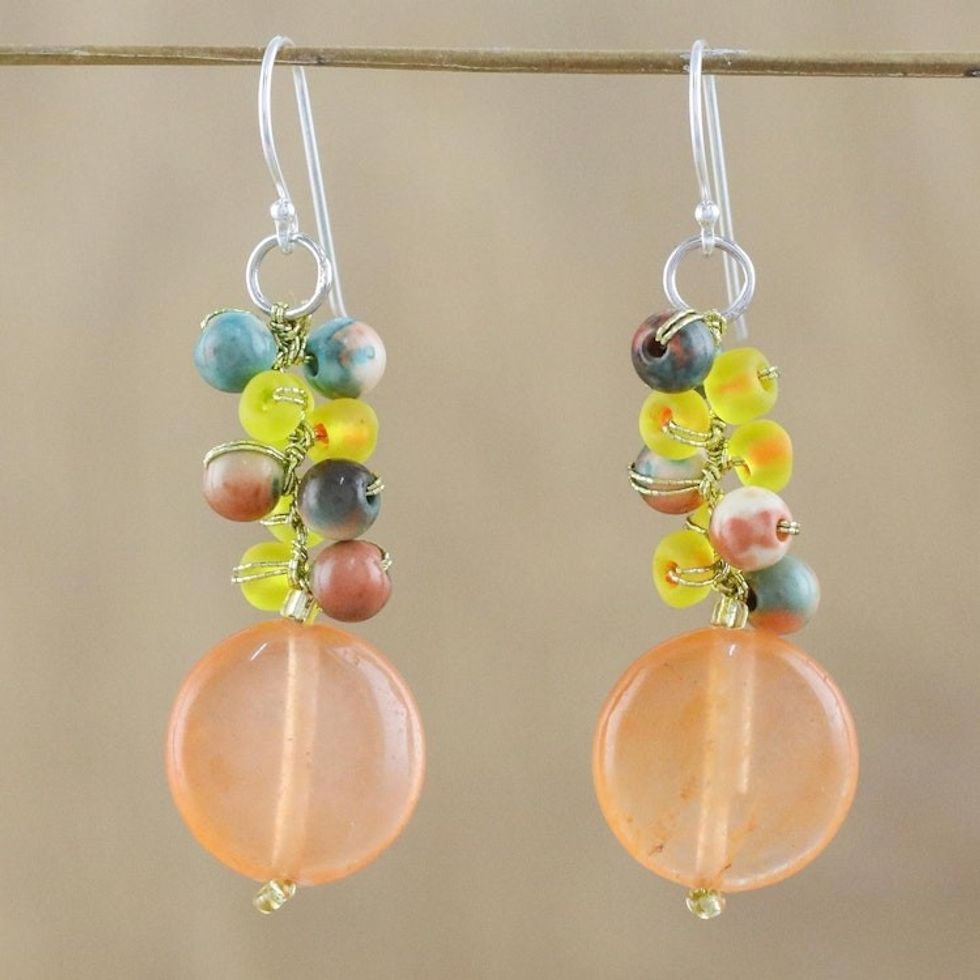 Orange Quartz and Glass Bead Dangle Earrings from Thailand 'Fun Circles in Orange'