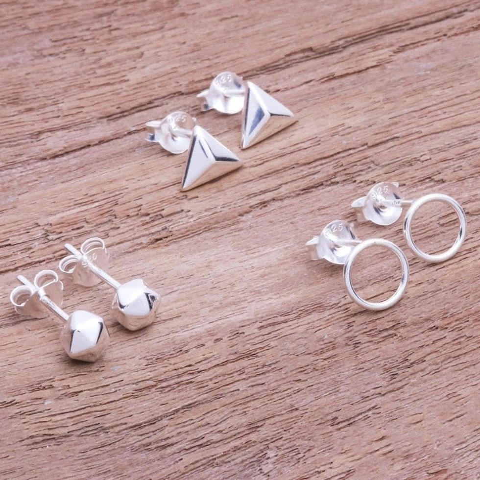 Hand Made Sterling Silver Stud Earrings Set of 3 'Every Day Look'