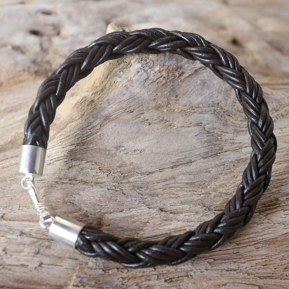 Men's Thai Brown Leather Braided Bracelet with Silver Clasp 'Sophisticated Braid'