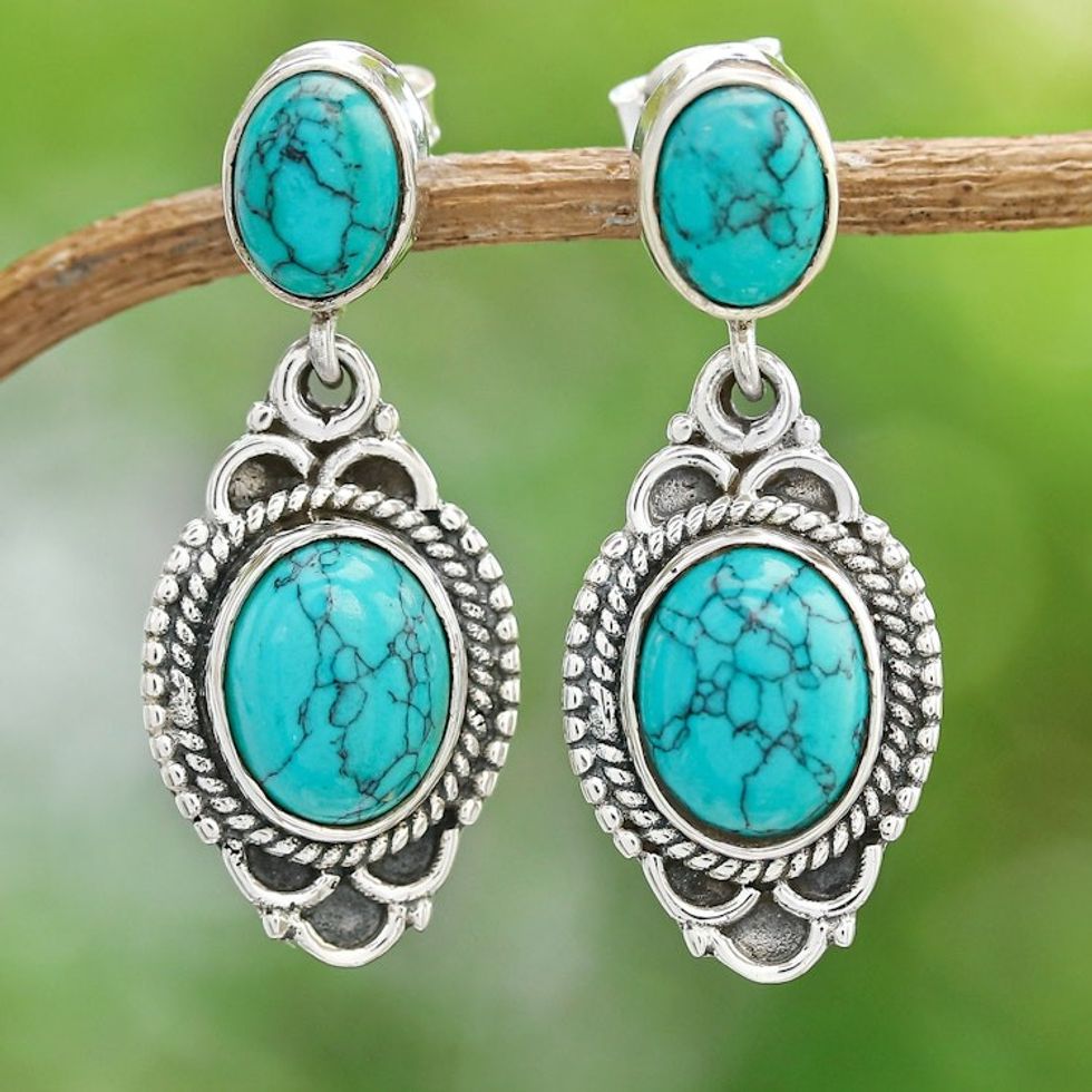 Polished Classic Reconstituted Turquoise Dangle Earrings 'Antique Lagoon'
