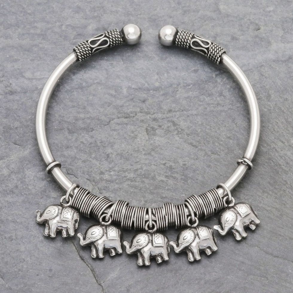 Elephant Charm Cuff Crafted in Sterling Silver 'Parade of Pachyderms'