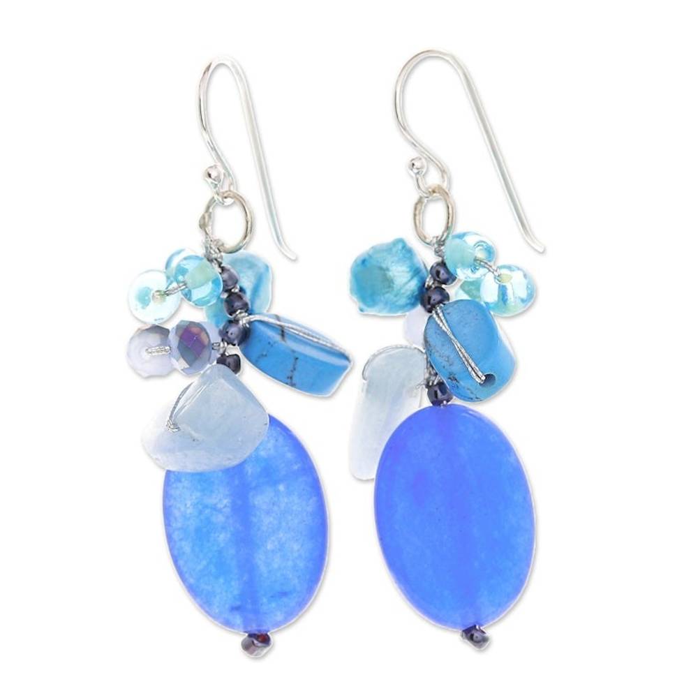 Dangle Earrings with Quartz Howlite and Cultured Pearl 'Blue Symphony'