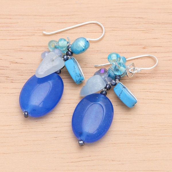Alternate image for Dangle Earrings with Quartz Howlite and Cultured Pearl Blue Symphony
