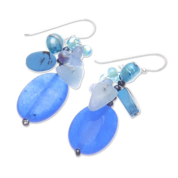 Alternate image for Dangle Earrings with Quartz Howlite and Cultured Pearl Blue Symphony