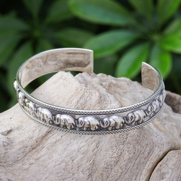Alternate image for Thai Sterling Silver Elephant-Motif Cuff Bracelet On Parade in Large