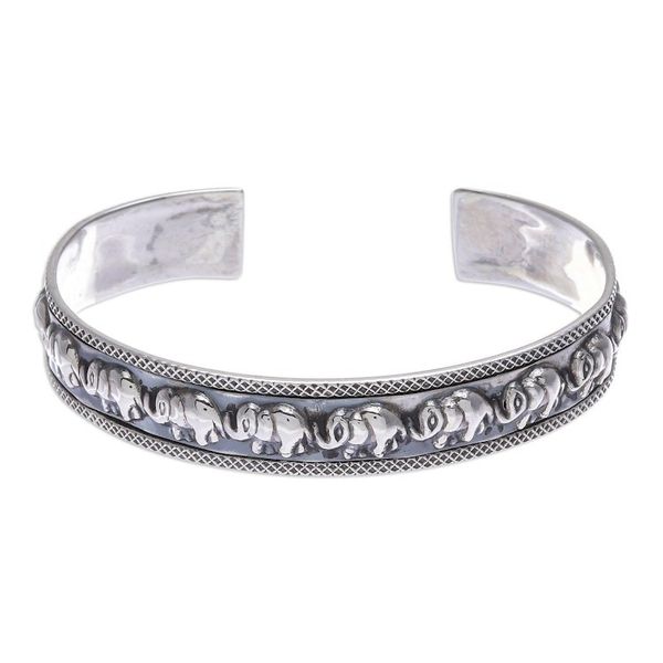 Alternate image for Thai Sterling Silver Elephant-Motif Cuff Bracelet On Parade in Large