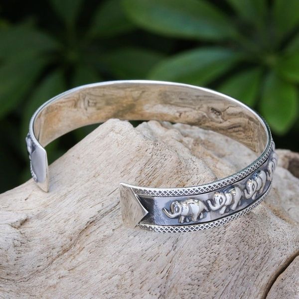 Alternate image for Thai Sterling Silver Elephant-Motif Cuff Bracelet On Parade in Large