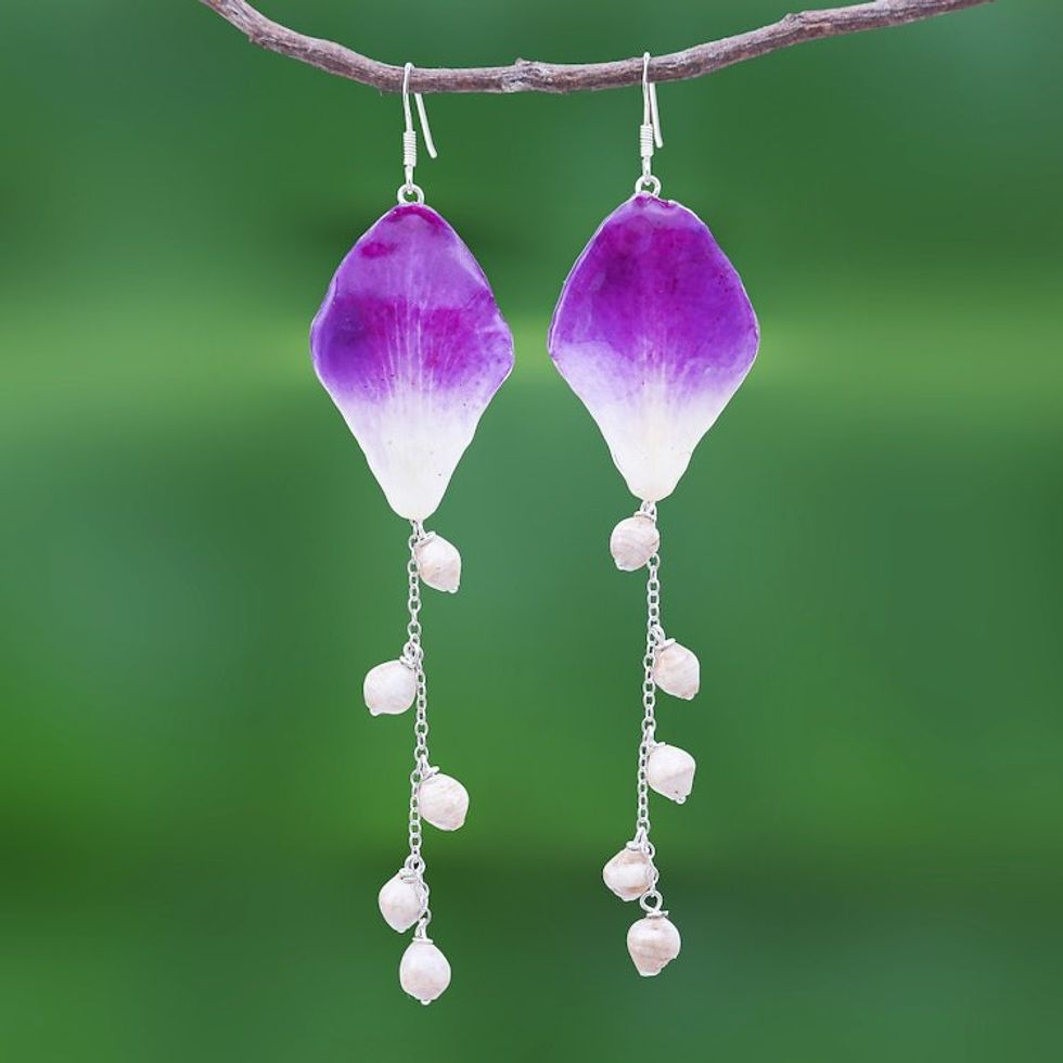 Real Orchid Petal Dangle Earrings on Silver Hooks 'Orchid Kite in Purple'