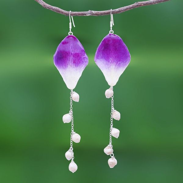 Alternate image for Real Orchid Petal Dangle Earrings on Silver Hooks Orchid Kite in Purple