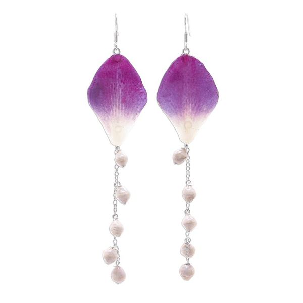 Alternate image for Real Orchid Petal Dangle Earrings on Silver Hooks Orchid Kite in Purple