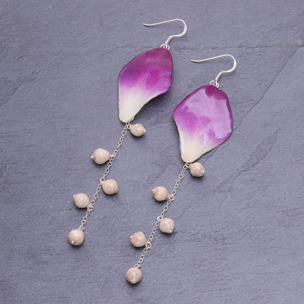 Alternate image for Real Orchid Petal Dangle Earrings on Silver Hooks Orchid Kite in Purple