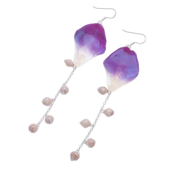 Alternate image for Real Orchid Petal Dangle Earrings on Silver Hooks Orchid Kite in Purple