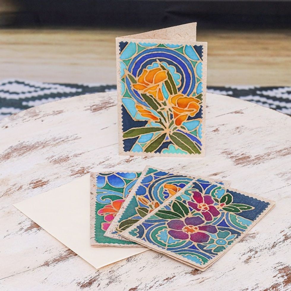 Handcrafted Batik Cotton and Paper Greeting Cards Set of 4 'Thai Paradise'