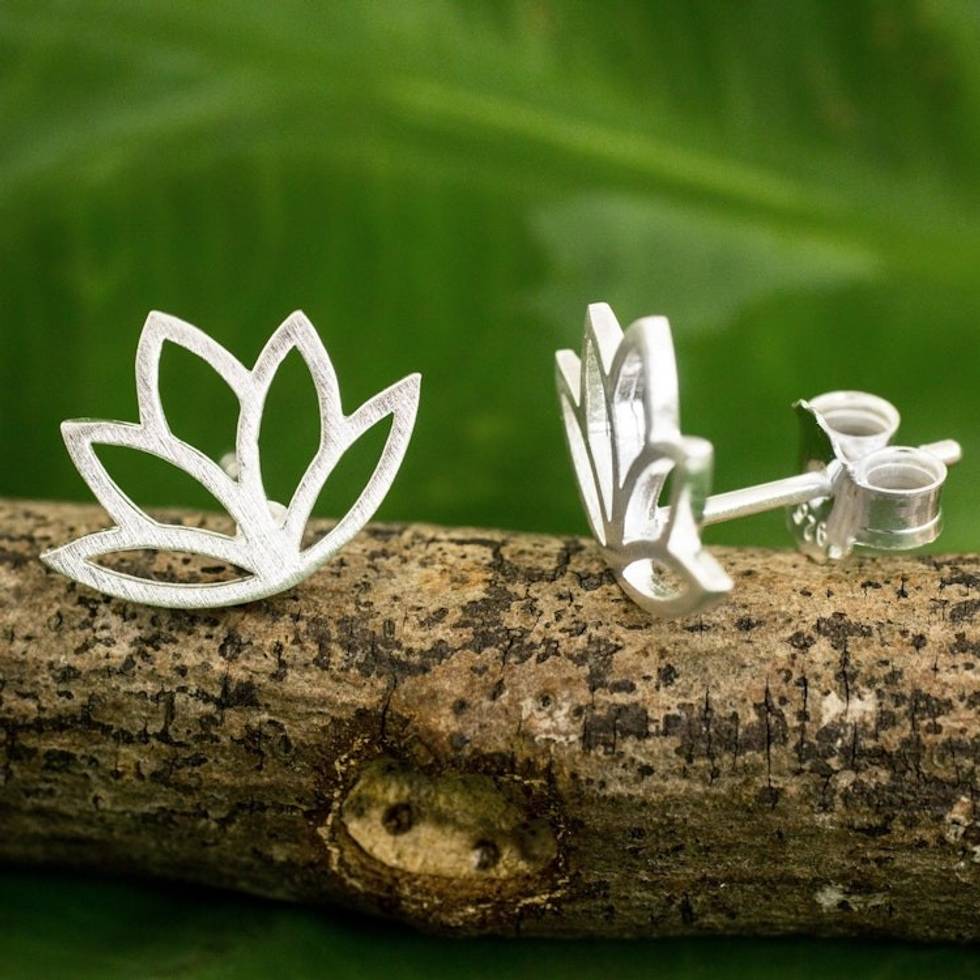Brushed Sterling Silver Lotus Flower Button Earrings 'Sunrise Lotus'