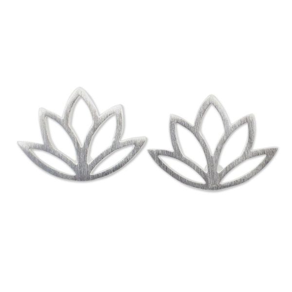 Alternate image for Brushed Sterling Silver Lotus Flower Button Earrings Sunrise Lotus