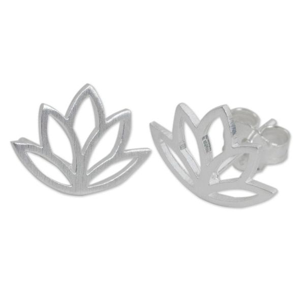 Alternate image for Brushed Sterling Silver Lotus Flower Button Earrings Sunrise Lotus