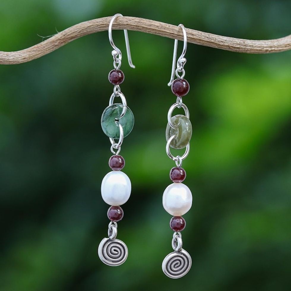 Handcrafted Jade and Pearl Dangle Earrings 'Clouds of Pearl'