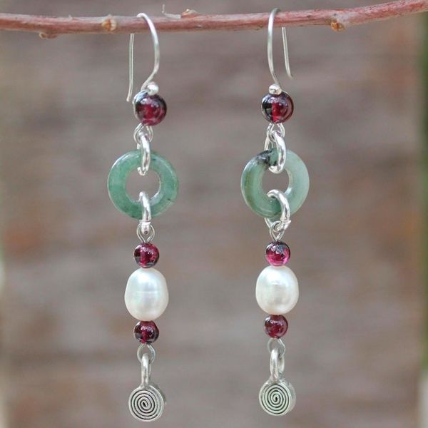 Alternate image for Handcrafted Jade and Pearl Dangle Earrings Clouds of Pearl