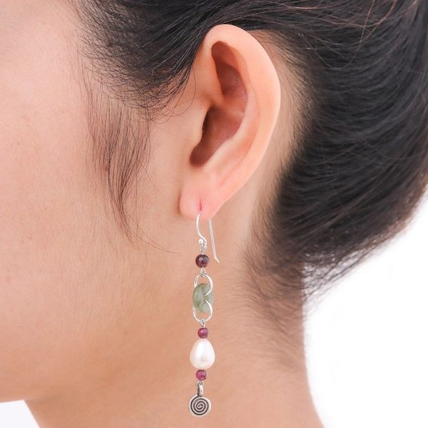 Alternate image for Handcrafted Jade and Pearl Dangle Earrings Clouds of Pearl