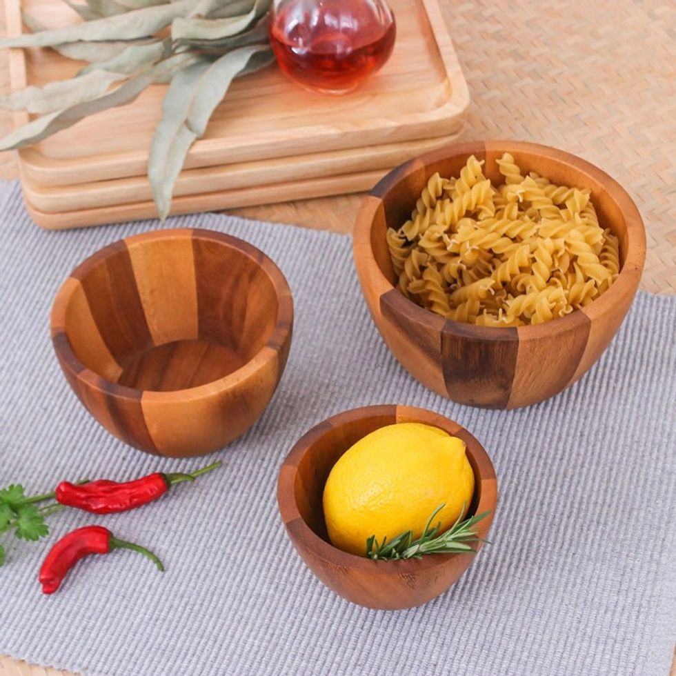 Hand Carved Raintree Wood Serving Bowls Set of 3 'Gather Round'