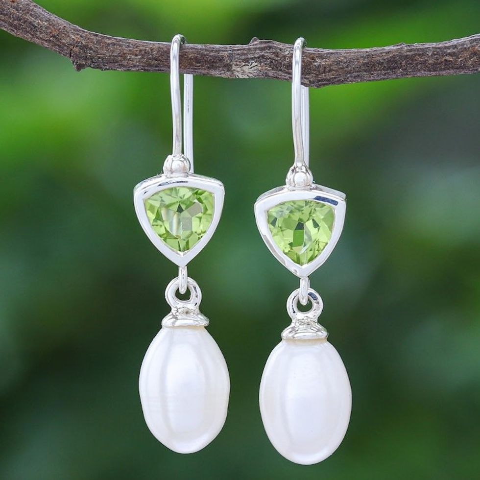 Cultured Pearl and Peridot Dangle Earrings 'Spring Green Sea'