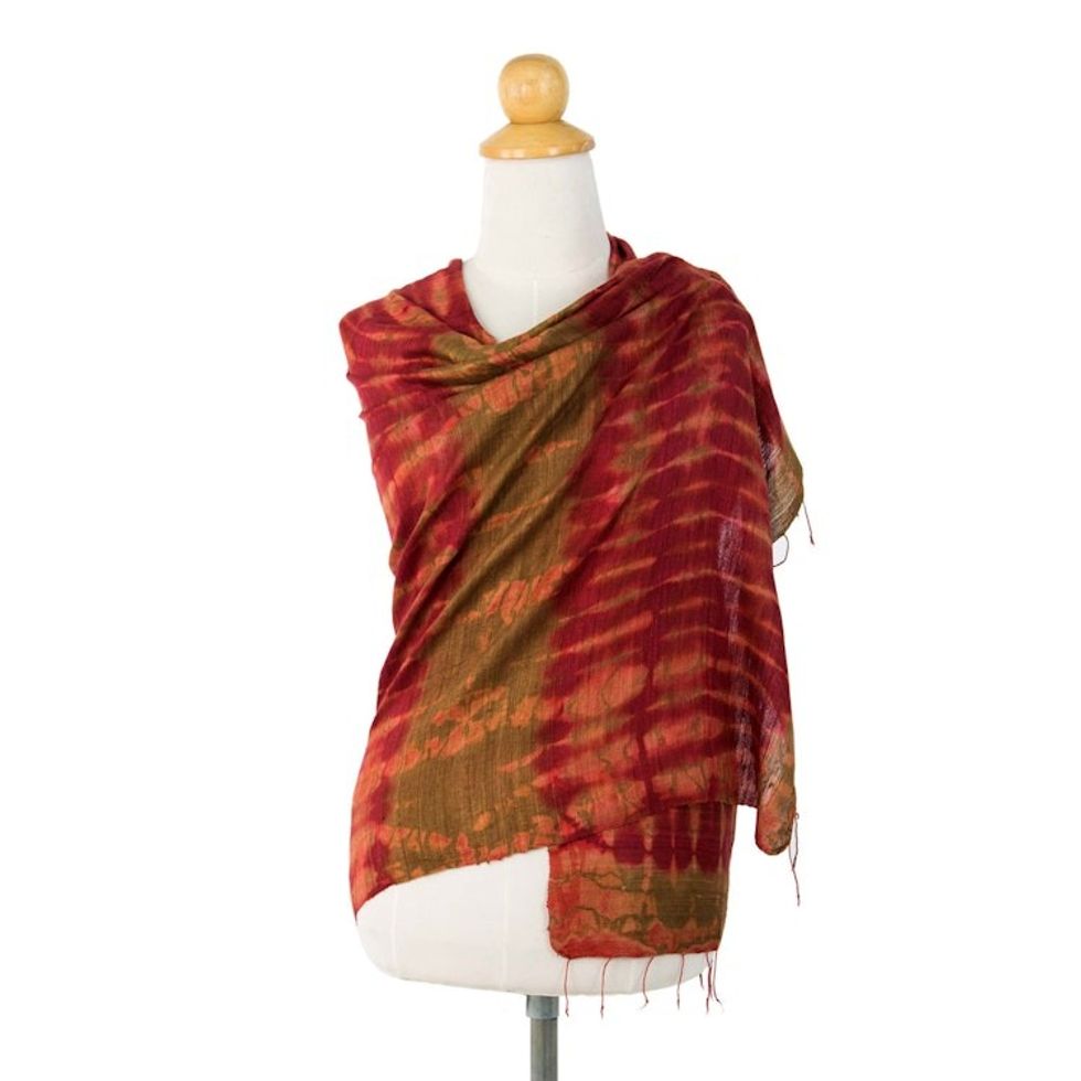 100 Silk Orange and Green Shawl from Thailand 'Orange Dance'