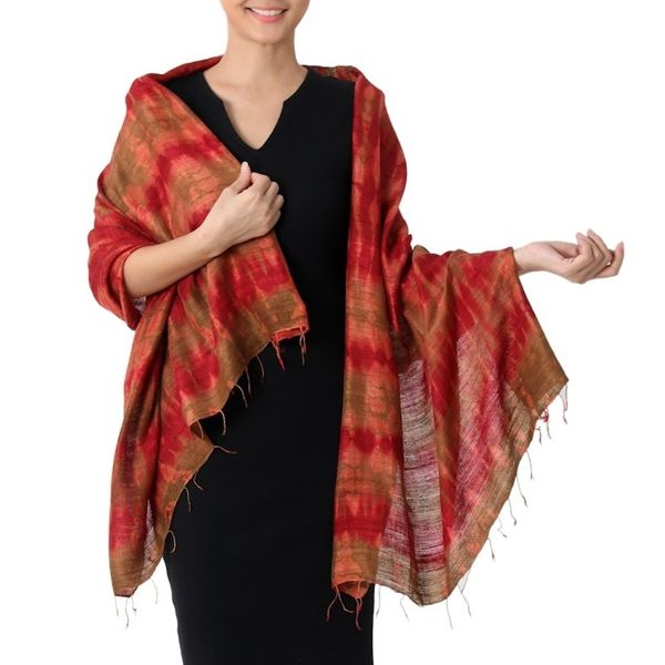 Alternate image for 100 Silk Orange and Green Shawl from Thailand Orange Dance