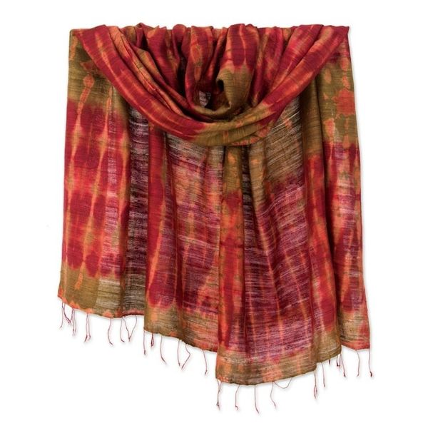 Alternate image for 100 Silk Orange and Green Shawl from Thailand Orange Dance