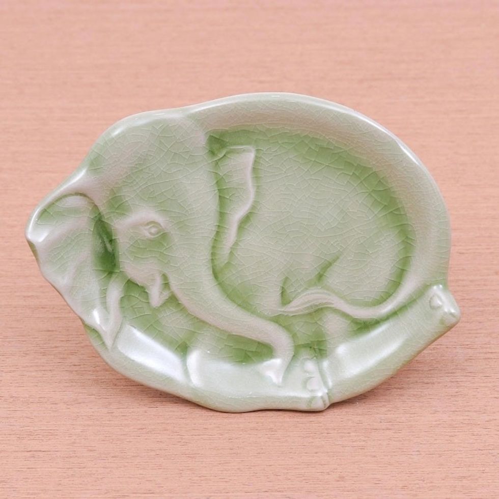 Handmade Elephant Themed Celadon Ceramic Plate 'Elephant at Rest in Green'
