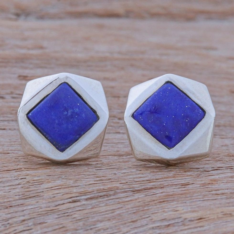 Thai Lapis Lazuli and Sterling Silver Button Earrings 'Winter Storm'