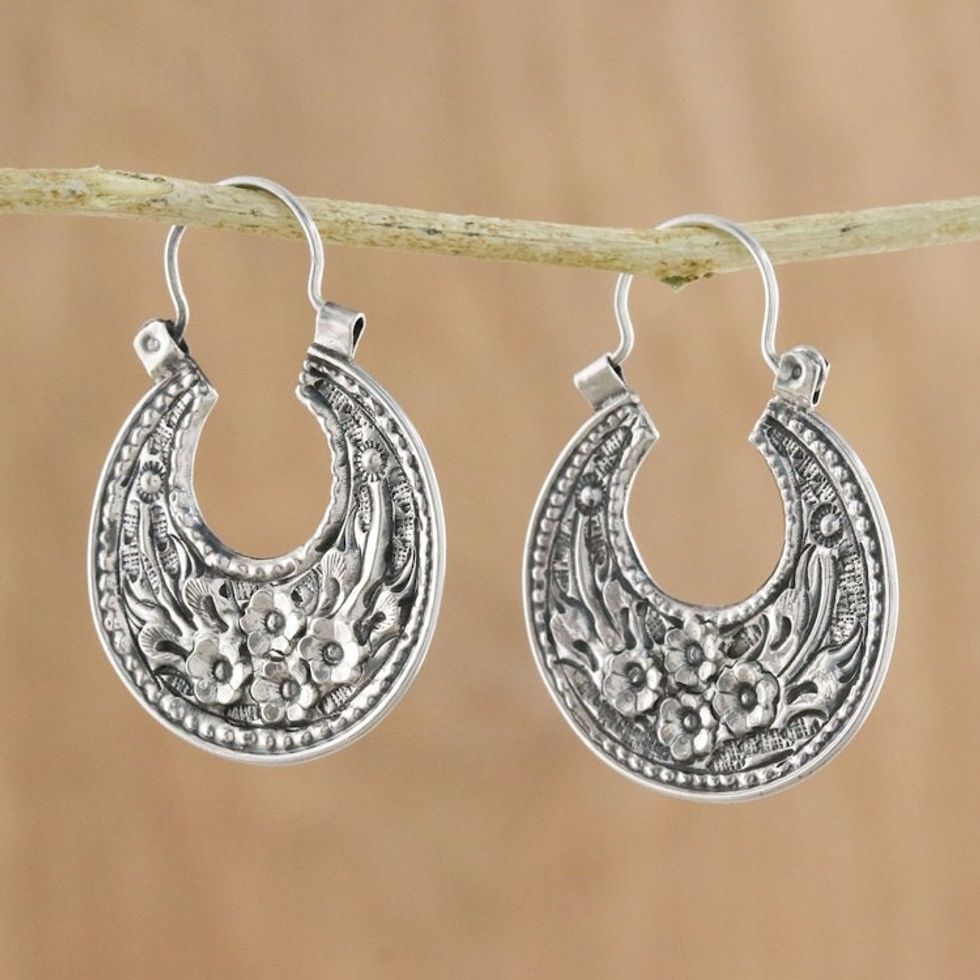 Floral Sterling Silver Hoop Earrings from Thailand 'Lanna Flower'