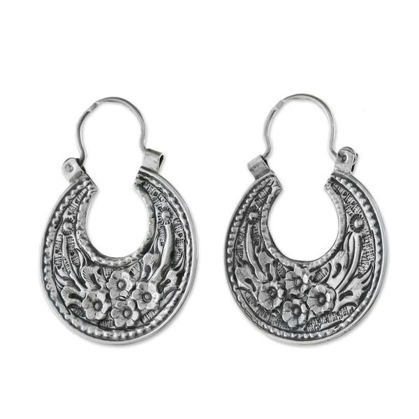 Alternate image for Floral Sterling Silver Hoop Earrings from Thailand Lanna Flower