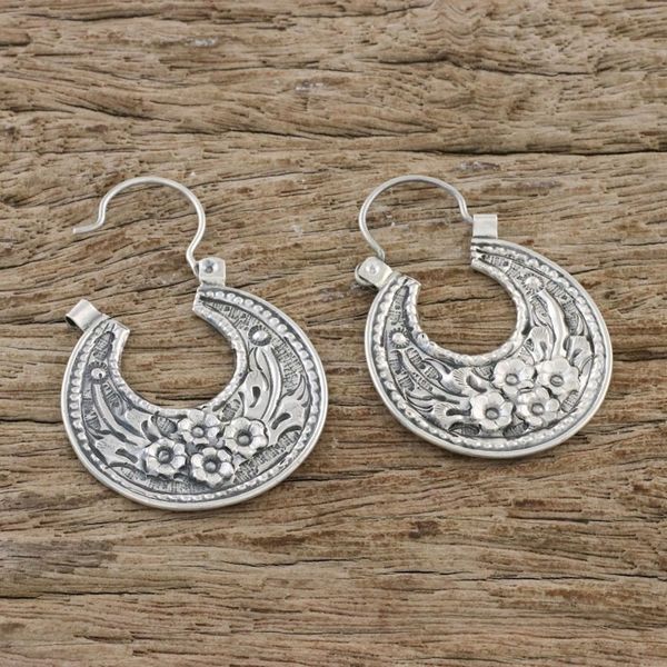 Alternate image for Floral Sterling Silver Hoop Earrings from Thailand Lanna Flower