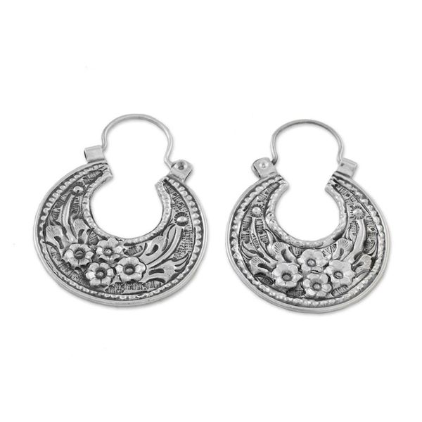 Alternate image for Floral Sterling Silver Hoop Earrings from Thailand Lanna Flower