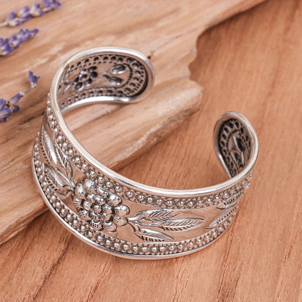 Handmade Sterling Silver Floral Cuff Bracelet from Thailand 'Pleasure in Paradise'