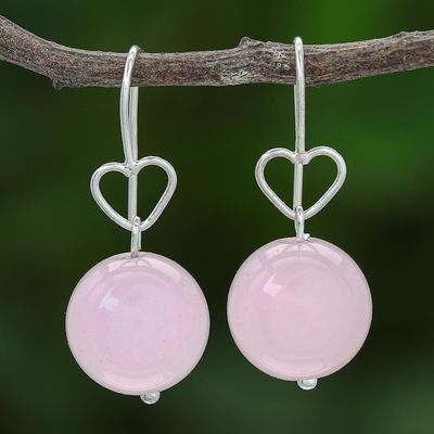 Alternate image for Sterling Silver and Rose Quartz Bead Heart Dangle Earrings Ethereal Orbs in Pink