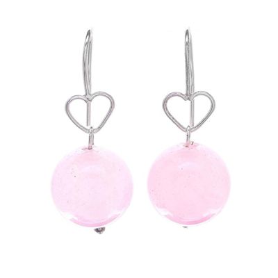 Alternate image for Sterling Silver and Rose Quartz Bead Heart Dangle Earrings Ethereal Orbs in Pink