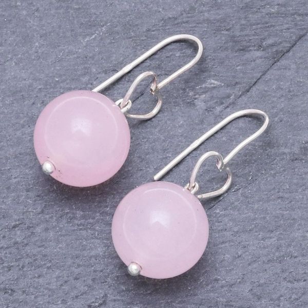Alternate image for Sterling Silver and Rose Quartz Bead Heart Dangle Earrings Ethereal Orbs in Pink