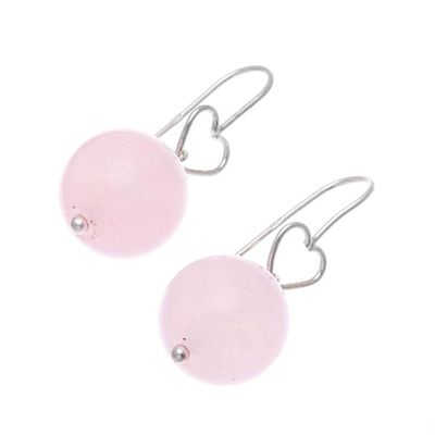 Alternate image for Sterling Silver and Rose Quartz Bead Heart Dangle Earrings Ethereal Orbs in Pink