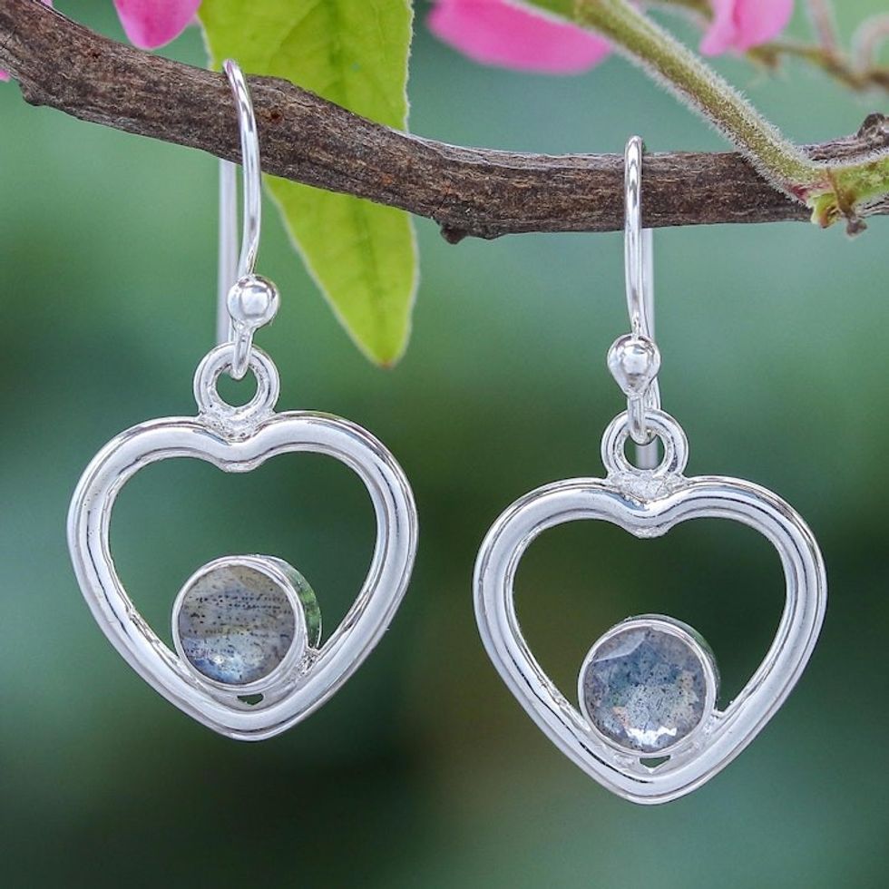 Labradorite Dangle Earrings with Heart Motif 'Earnest Offer in Iridescent'