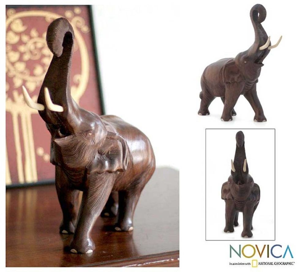 Wood sculpture 'Trumpeting Elephant'
